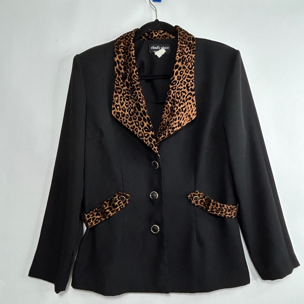 Vintage Chad's Place Black Blazer Leopard Velvet Print Lapel USA Made Womens‎ L